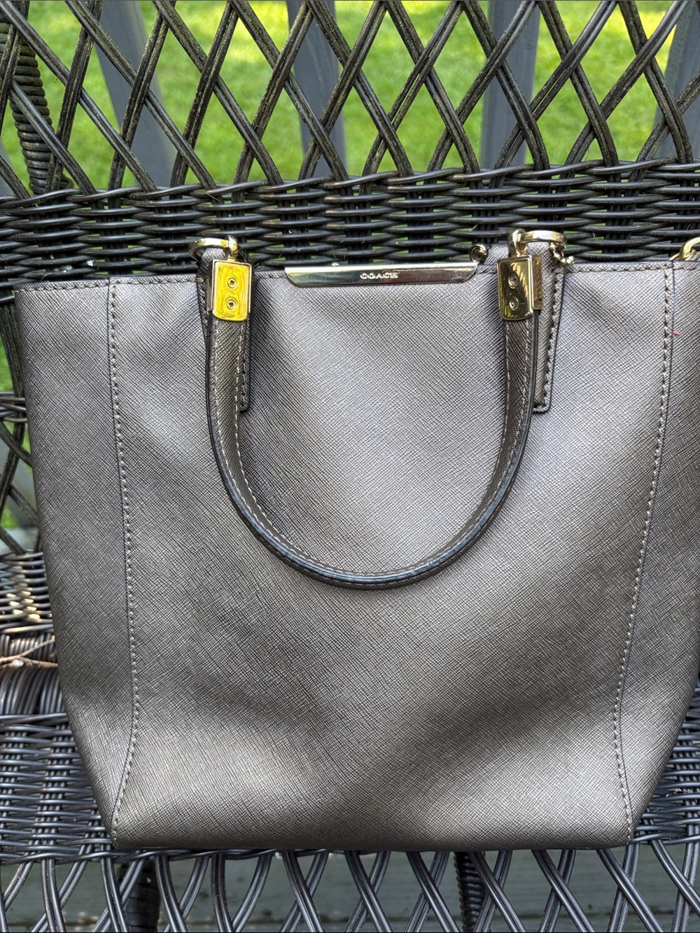 Coach Metallic Small Silver Saffiano Leather Tote with Gold Hardware